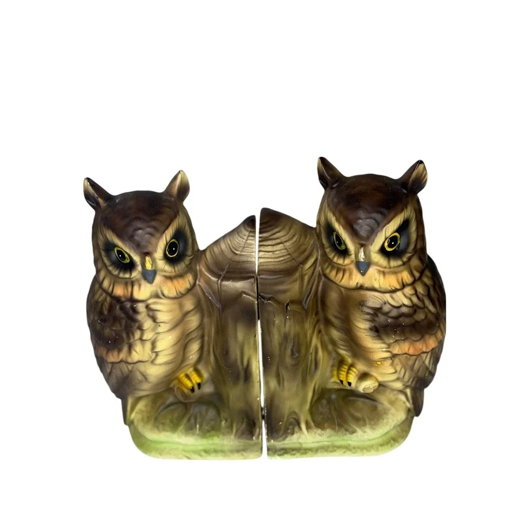 Vtg MCM Ceramic Owl Book Ends Mid Century Modern Brown Woodland Bird Decor Pair